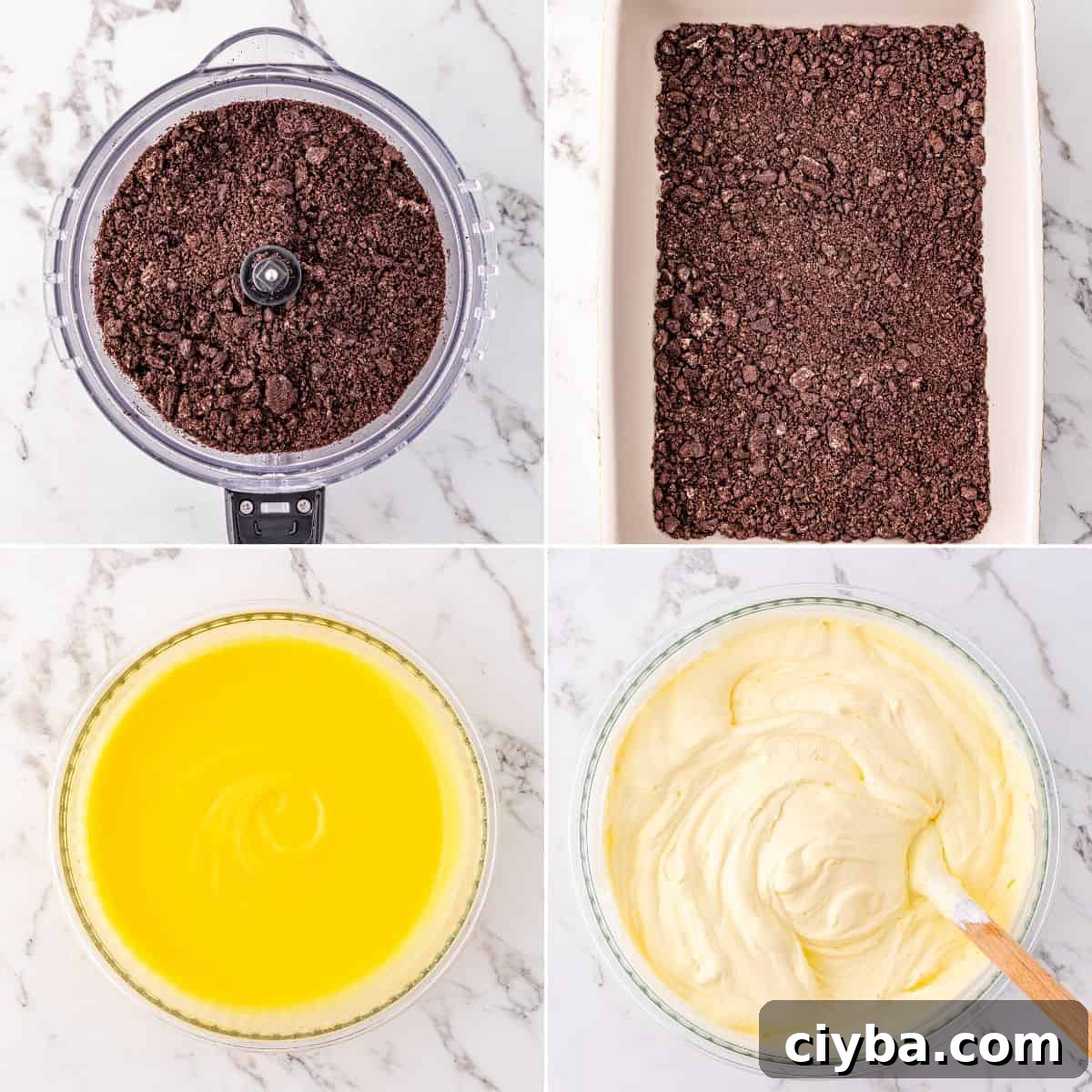 Four images show steps crushed chocolate cookies in a food processor, cookie crumbs pressed in a baking dish, yellow liquid in a bowl, and a creamy yellow mixture being stirred in a bowl.