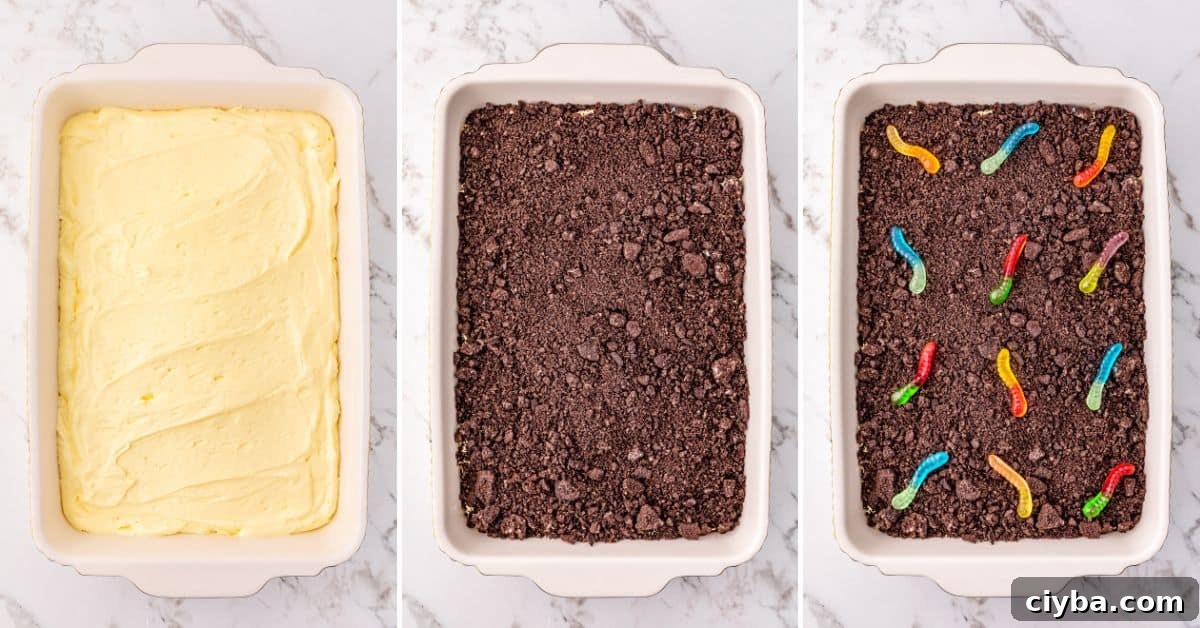 Follow this three-step Oreo Dirt Cake recipe: layer a pan with yellow cream, top with crushed cookies, and finish with gummy worms for a fun, delicious treat.