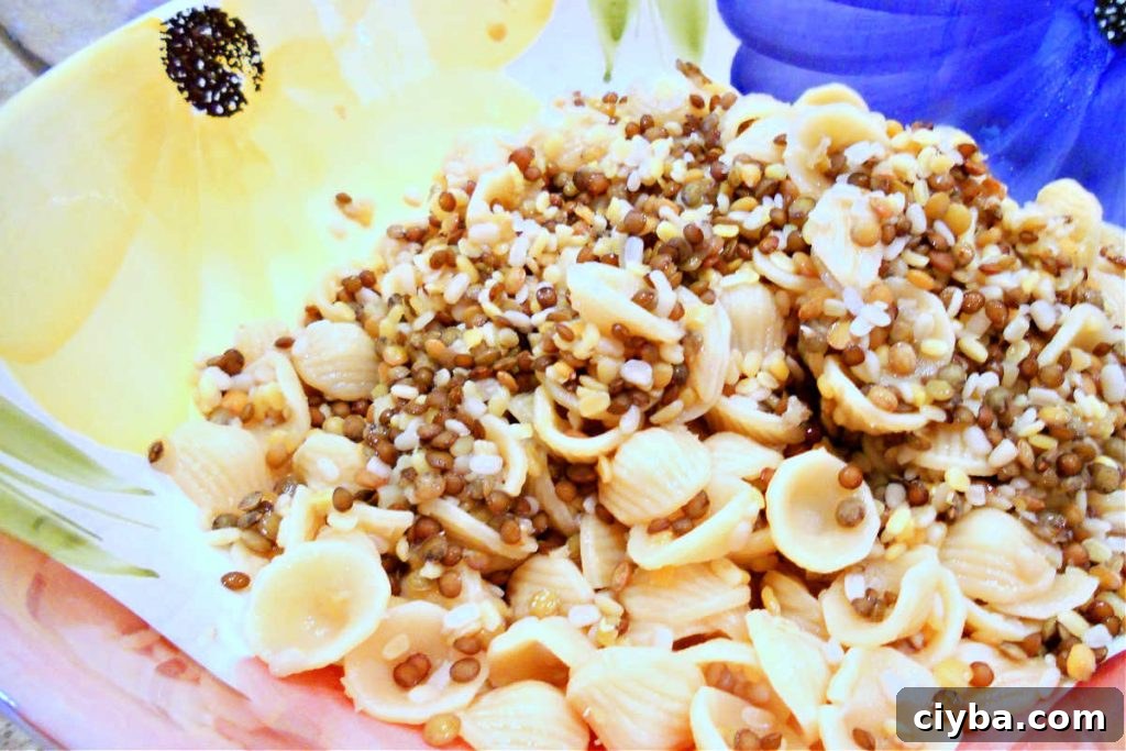 A bowl with cooked orecchiette pasta and lentils.