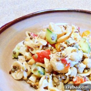 Some pasta salad with lentils and tomatoes on a plate.